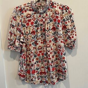 LOFT Floral Puff Sleeve Blouse - Red, Black, Cream